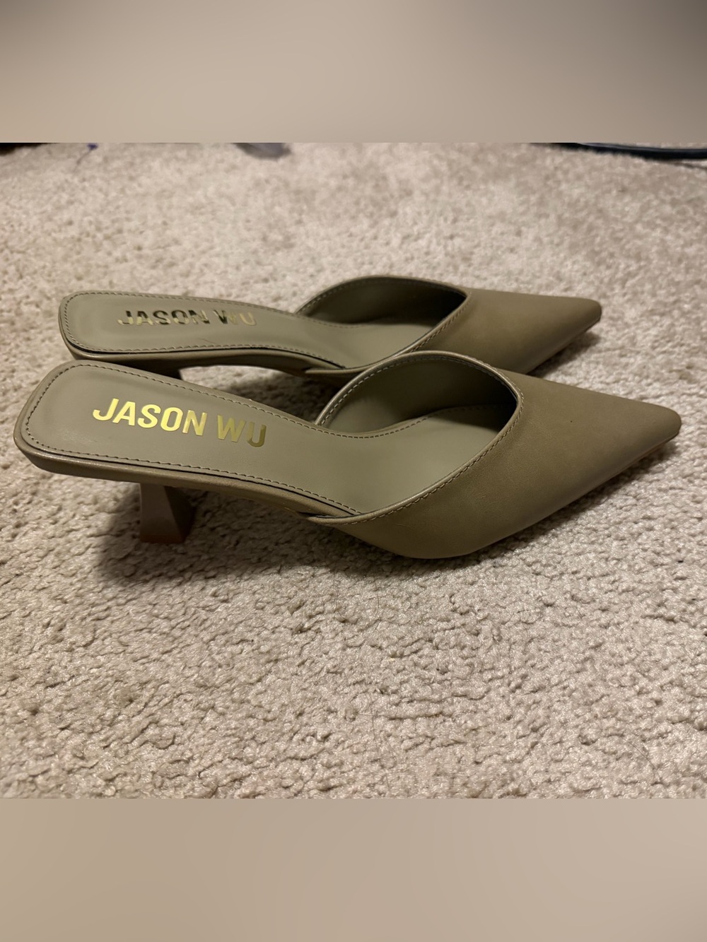 Jason Wu Pointed Toe Kitten Heel Mules Taupe Olive Size 6.5 - Picture 4 of 7